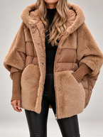 Women's Faux Fur Panel Hooded Puffer Jacket | Ribbed Cuffs, Oversized