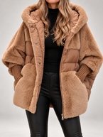 Women's Faux Fur Panel Hooded Puffer Jacket | Ribbed Cuffs, Oversized