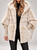 Women's Faux Fur Panel Hooded Puffer Jacket | Ribbed Cuffs, Oversized