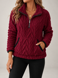 Women's Cable Textured Teddy Half-Zip Sweatshirt | Lapel Collar, Contrast Trim