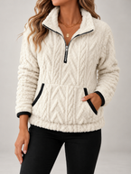 Women's Cable Textured Teddy Half-Zip Sweatshirt | Lapel Collar, Contrast Trim