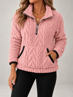 Women's Cable Textured Teddy Half-Zip Sweatshirt | Lapel Collar, Contrast Trim