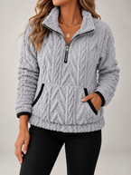 Women's Cable Textured Teddy Half-Zip Sweatshirt | Lapel Collar, Contrast Trim