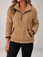 Women's Cable Textured Teddy Half-Zip Sweatshirt | Lapel Collar, Contrast Trim