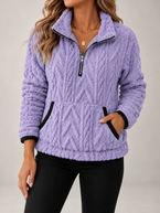 Women's Cable Textured Teddy Half-Zip Sweatshirt | Lapel Collar, Contrast Trim