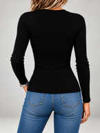 Women's Ribbed Knit Top | Leopard Panel, Crew Neck, Slim Fit