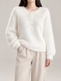 Women's Fluffy Knit Henley Jumper | Pearl Buttons, Relaxed Fit