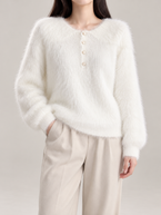 Women's Fluffy Knit Henley Jumper | Pearl Buttons, Relaxed Fit