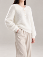 Women's Fluffy Knit Henley Jumper | Pearl Buttons, Relaxed Fit