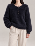 Women's Fluffy Knit Henley Jumper | Pearl Buttons, Relaxed Fit