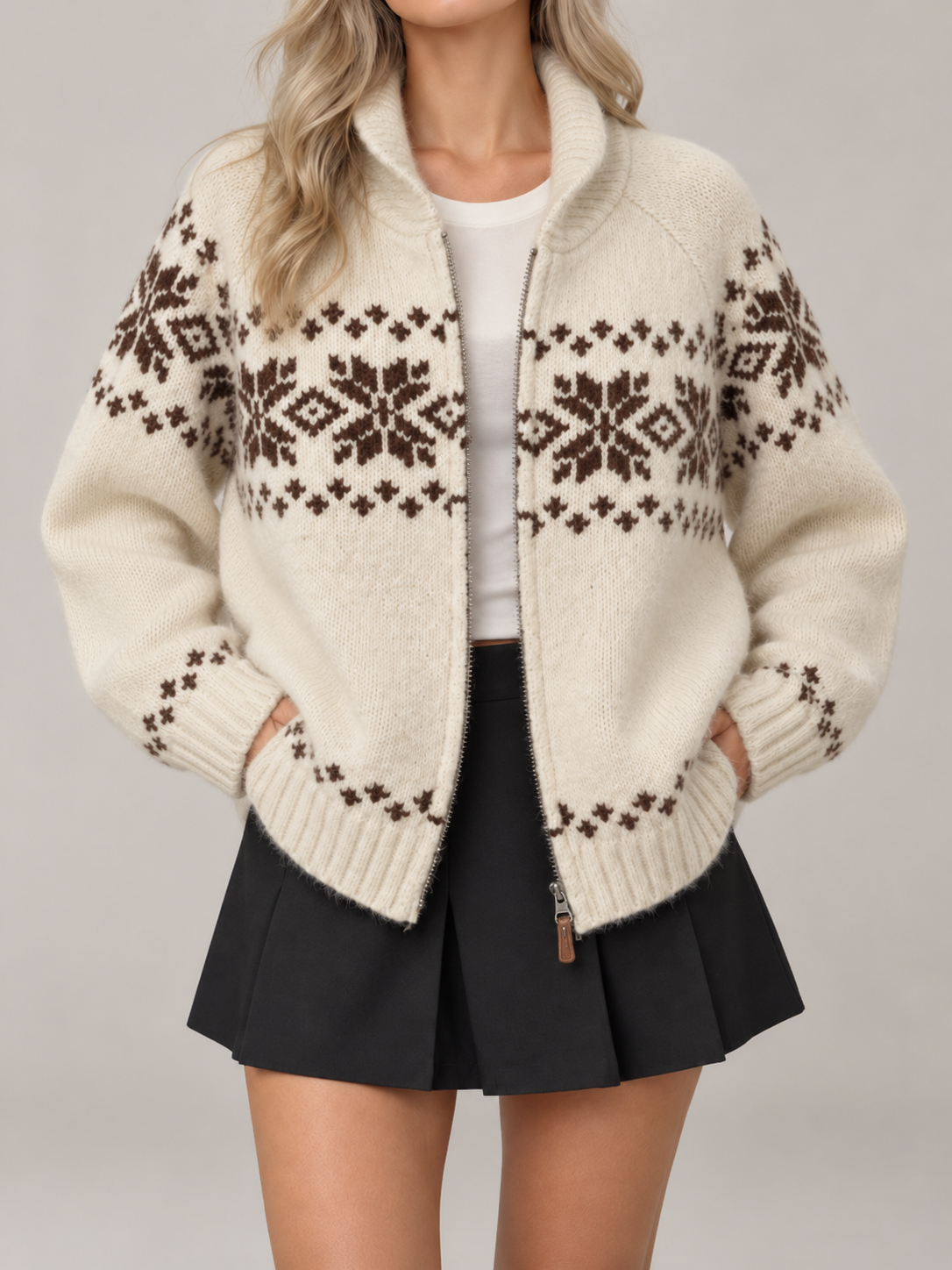Women's Snowflake Zip-Up Knit Cardigan