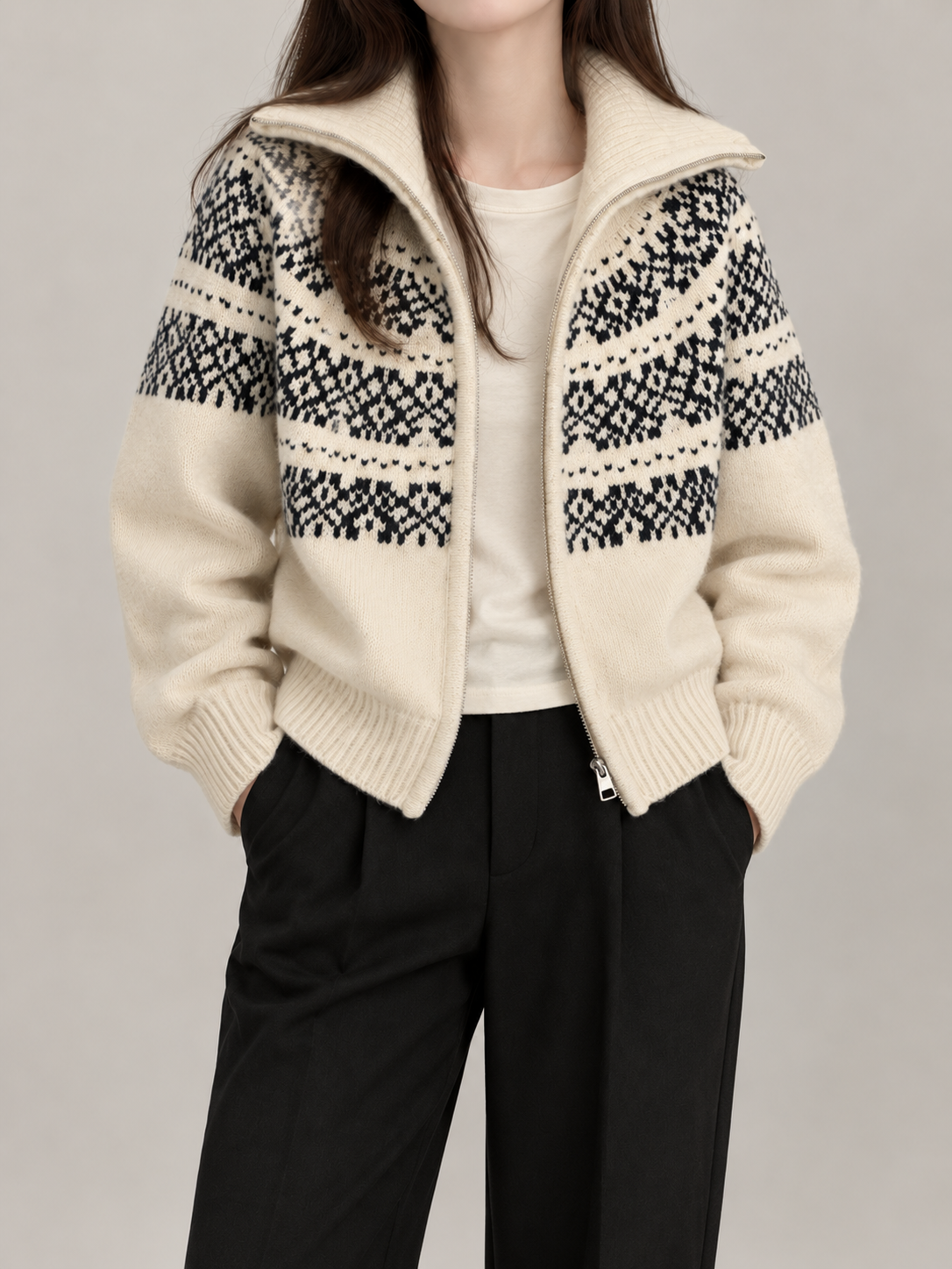 Women's Fair Isle Yoke Zip Cardigan | Funnel Neck