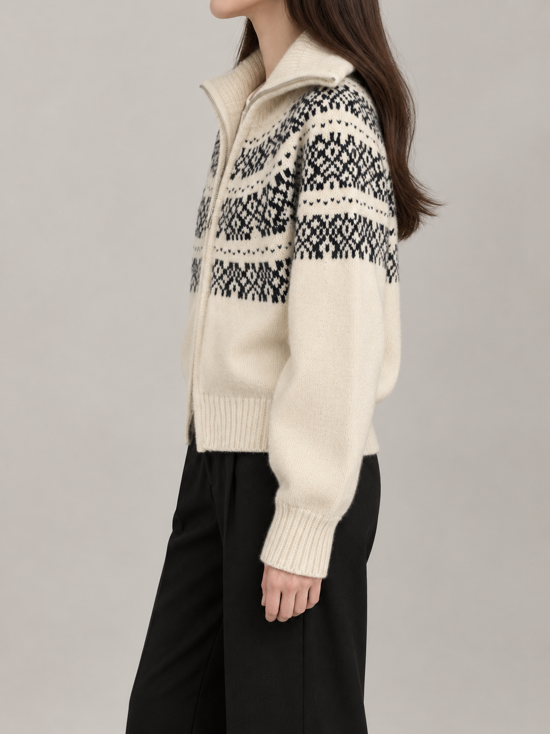 Women's Fair Isle Yoke Zip Cardigan | Funnel Neck