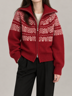 Women's Fair Isle Yoke Zip Cardigan | Funnel Neck