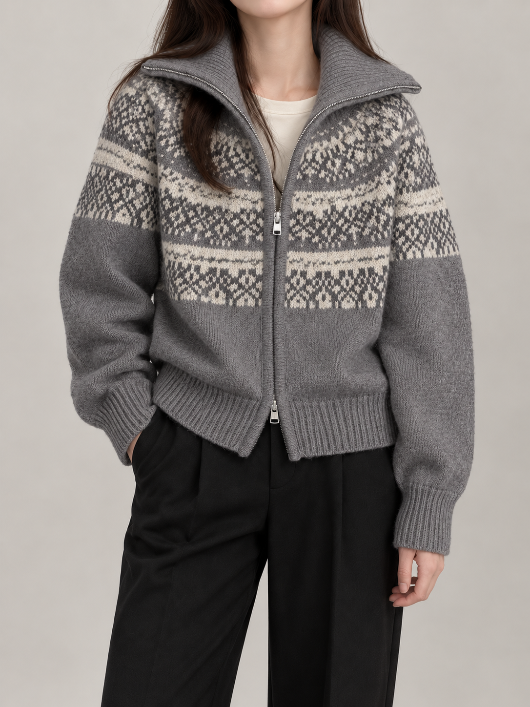Women's Fair Isle Yoke Zip Cardigan | Funnel Neck