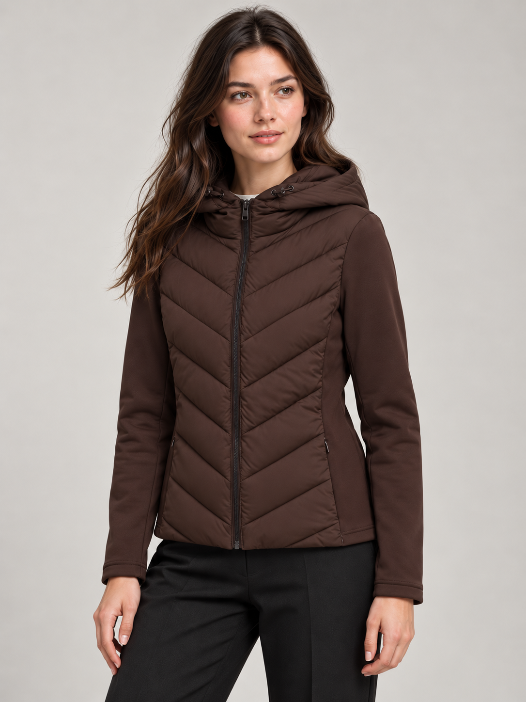Women's Slim Hooded Hybrid Jacket | Chevron Quilted Front