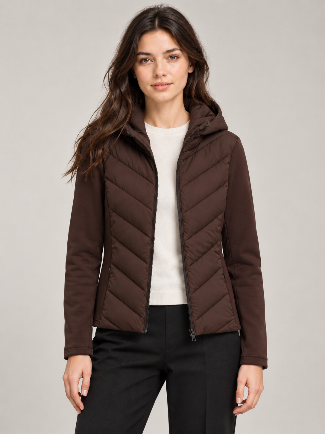 Women's Slim Hooded Hybrid Jacket | Chevron Quilted Front