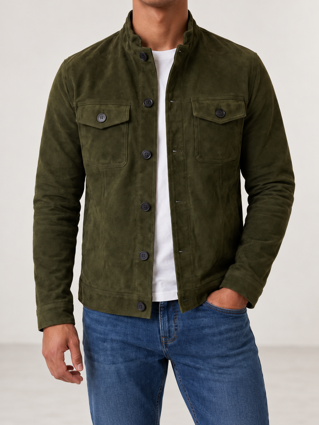 Men's Faux Suede Trucker Jacket | Stand Collar