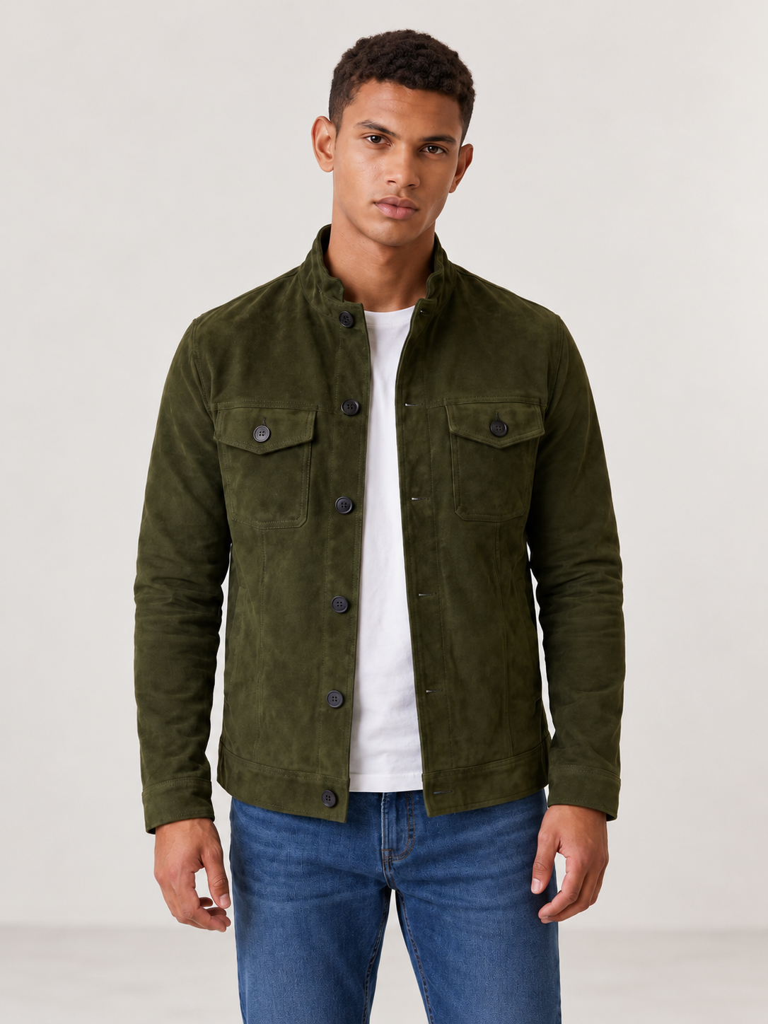 Men's Faux Suede Trucker Jacket | Stand Collar