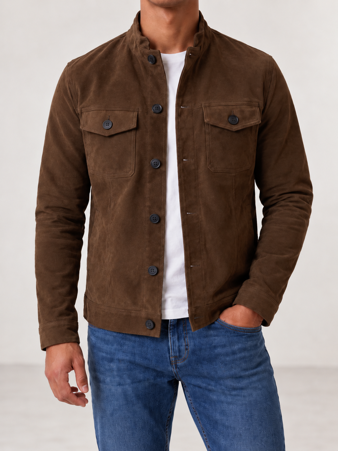 Men's Faux Suede Trucker Jacket | Stand Collar