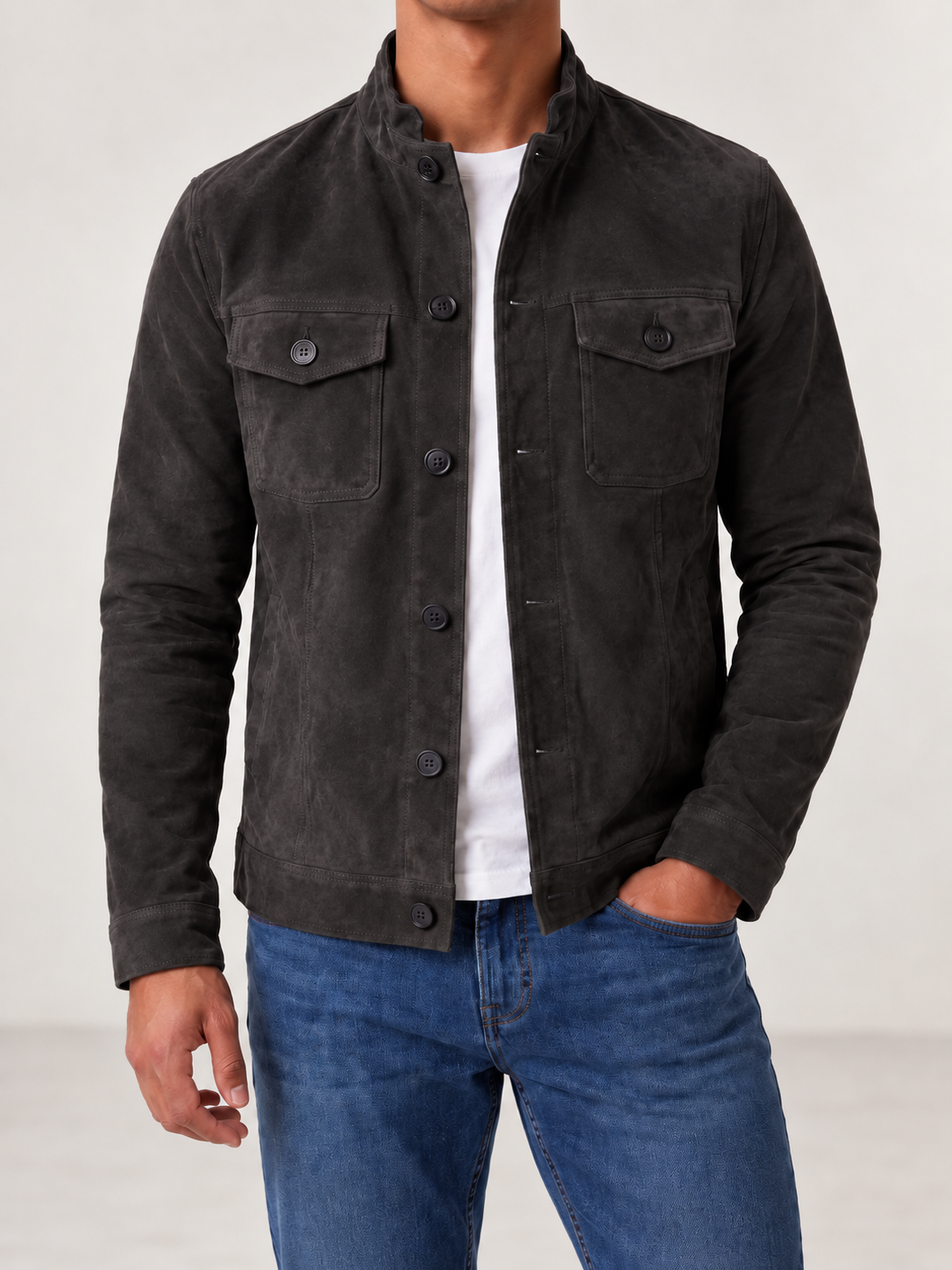Men's Faux Suede Trucker Jacket | Stand Collar