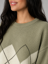Women's Argyle Knit Crewneck Sweater Green