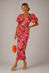 Women's Puff Sleeve Ruched Midi Dress