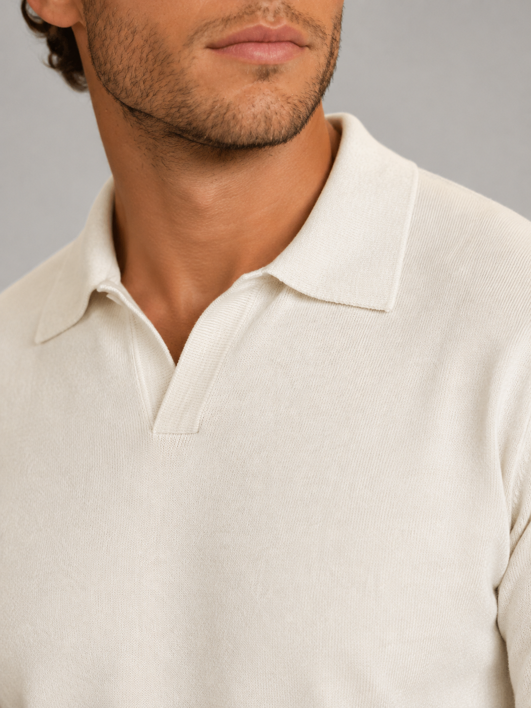 Men's Knit Open-Collar Polo Sweater Ivory