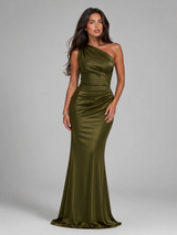 Women's One Shoulder Satin-Feel Maxi Dress