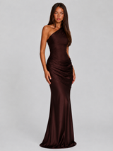 Women's One Shoulder Draped Satin Maxi Dress