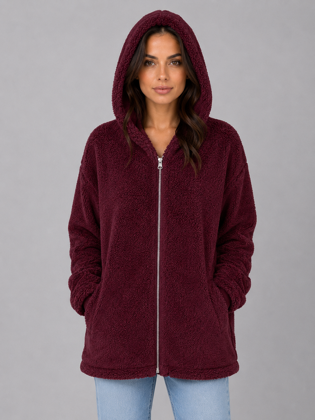 Women's Hooded Longline Teddy Cardigan